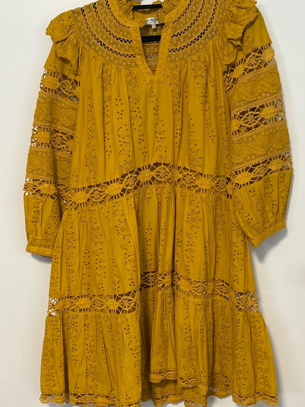 Sea New York Mustard Yellow Eyelet Lace Tiered Mini Dress